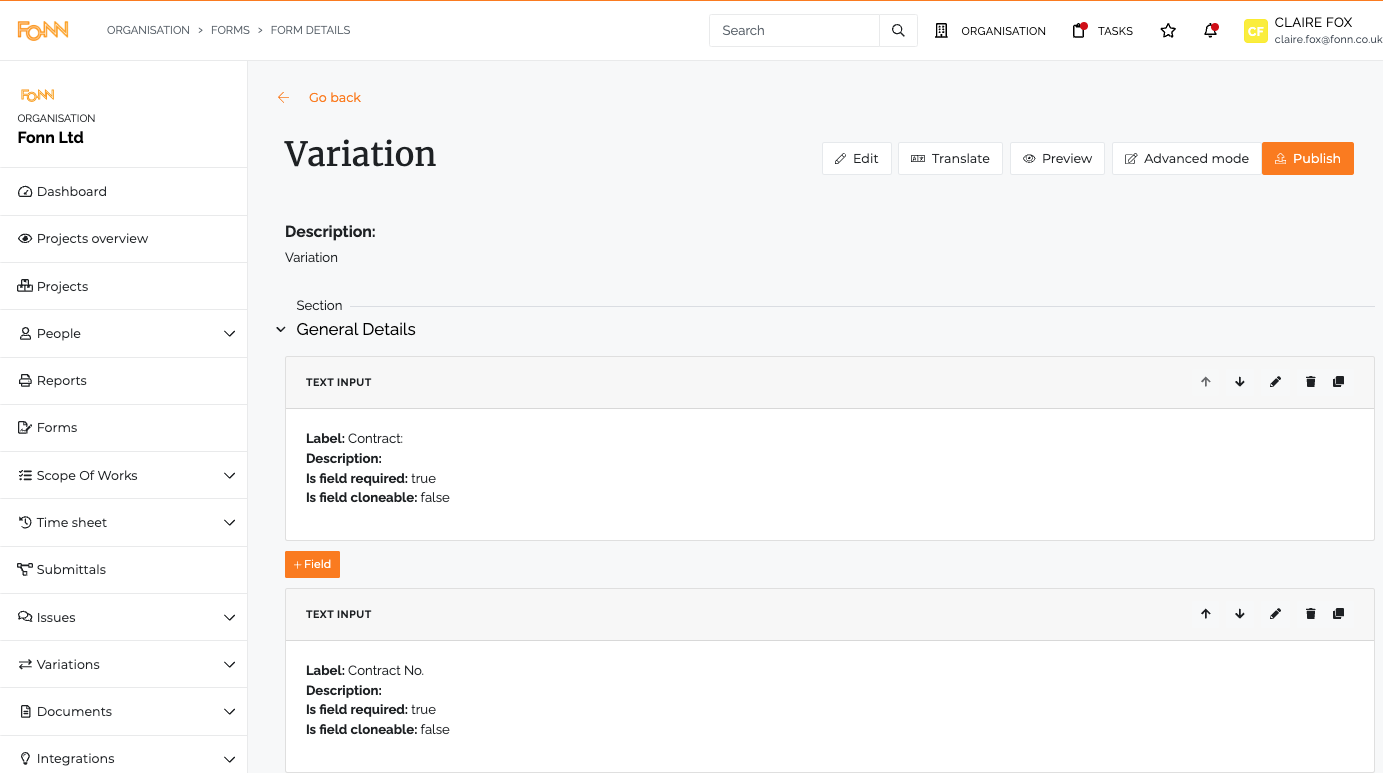 Separate form for variations